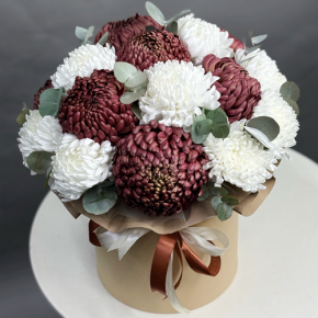 Композиция в шляпной коробке из 19 хризантем  в Краснознаменске