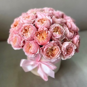 Композиция в шляпной коробке из кустовой пионовидной розы Джульетта в Краснознаменске