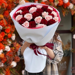 Букет "Сокровенное желание" из 25 пудровых и красных роз Эквадор (60 см) в Краснознаменске