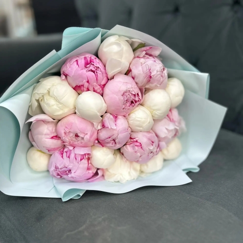 Микс из 19 бело-розовых пионов в Краснознаменске